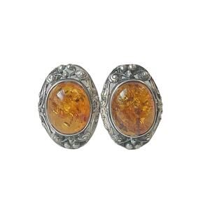 1990s Oval Amber Bezel Set Cabochon Scroll Design Domed Clip Earrings